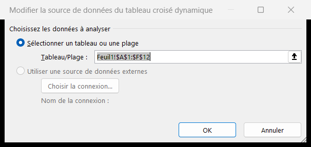 Dialogue Modifier la source de données du tableau croisé dynamique avec la plage source affichée et encadrée dans la grille