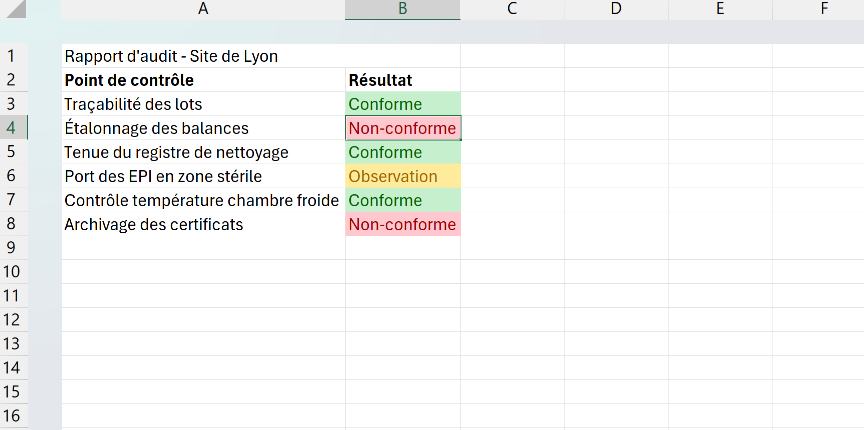 Rapport d'audit qualité Excel dont les résultats sont formatés avec des styles de cellule personnalisés Conforme en vert, Non-conforme en rouge et Observation en jaune