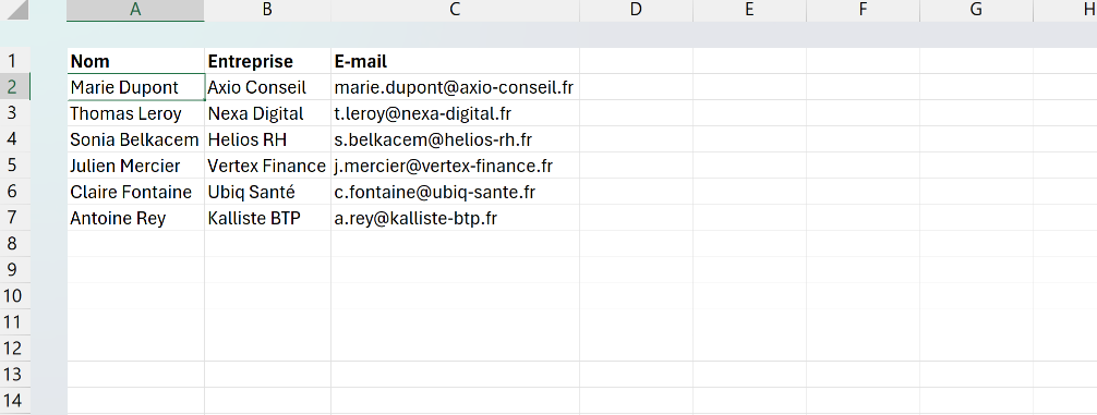 Liste de contacts Excel nettoyée après suppression des doublons sur la colonne E-mail, chaque adresse n'apparaissant plus qu'une seule fois