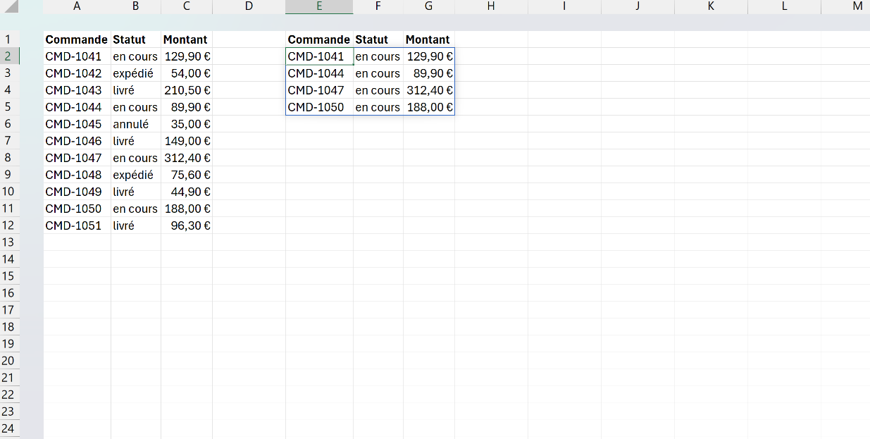 Feuille Excel où une formule FILTRE déverse dans un tableau dynamique toutes les commandes en cours extraites du tableau principal