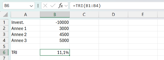 Cellule B6 avec la formule =TRI(B1:B4) dans la barre de formule, qui renvoie 11,1 % à partir d'un investissement de -10000 et des flux 3000, 4500 et 5000.