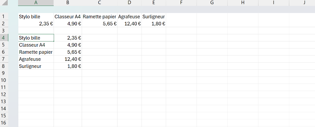 Feuille Excel montrant un tarif fournisseur horizontal en haut et le même tableau collé avec l'option Transposer, produits en colonne, en dessous.