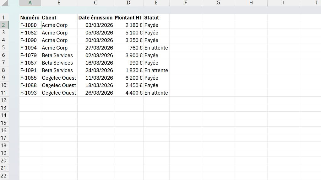Export de factures trié sur deux niveaux, d'abord par client de A à Z puis par date d'émission du plus ancien au plus récent.