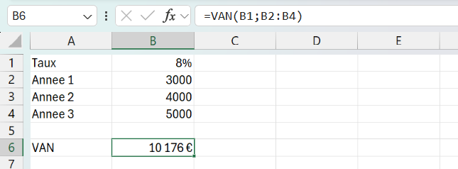 Cellule B6 avec la formule =VAN(B1;B2:B4) dans la barre de formule, qui affiche 10 176 € à partir d'un taux de 8 % et des flux 3000, 4000 et 5000.
