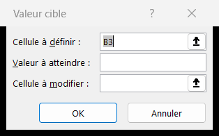 Dialogue Valeur cible d'Excel avec la cellule à définir, la valeur à atteindre et la cellule à modifier, devant le modèle de chiffre d'affaires