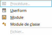 Menu Insertion de l'éditeur Visual Basic, avec l'entrée Module au milieu de la liste