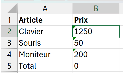 Tableau Excel où les prix sont stockés en texte, avec un triangle vert dans le coin supérieur gauche des cellules B2, B3 et B4 et une somme qui affiche zéro en B5.
