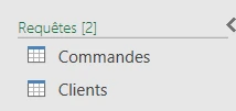 Volet Requêtes de l'éditeur Power Query, à gauche, intitulé « Requêtes [2] » et listant les deux requêtes du classeur, Commandes et Clients, chacune avec son icône de table