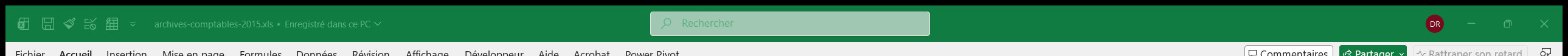 Barre de titre d'Excel affichant un fichier d'archives au format xls ouvert en Mode de compatibilité