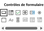 Galerie Contrôles de formulaire du menu Développeur Insérer, montrant les icônes de bouton, case à cocher, liste déroulante et barre de défilement