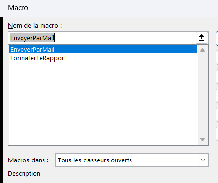 Boîte de dialogue « Macro » d'Excel (Alt+F8) listant les macros EnvoyerParMail et FormaterLeRapport, avec le champ « Nom de la macro ».