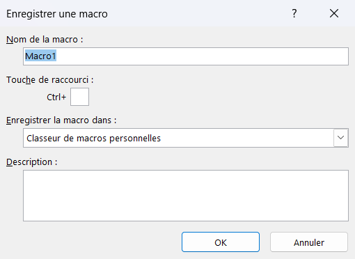 Boîte de dialogue Enregistrer une macro d'Excel, avec le nom de la macro, la touche de raccourci et l'emplacement
