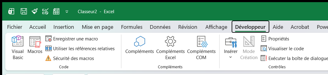 Onglet Développeur du ruban Excel avec les boutons Macros, Visual Basic, compléments et contrôles de formulaire
