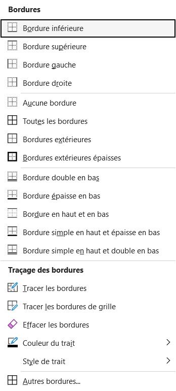 Menu déroulant Bordures du ruban Accueil dans Excel avec toutes les options de bordure