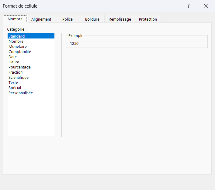 Boîte de dialogue Format de cellule d'Excel avec ses onglets Nombre, Alignement, Police, Bordure et Remplissage