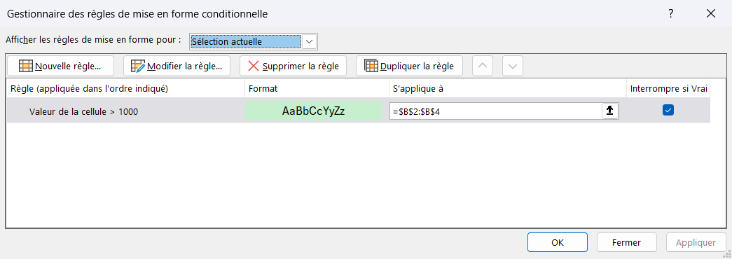 Boîte « Gestionnaire des règles de mise en forme conditionnelle » d'Excel, montrant une règle « Valeur de la cellule > 1000 » avec son aperçu de format vert et les boutons Nouvelle règle, Modifier, Supprimer.
