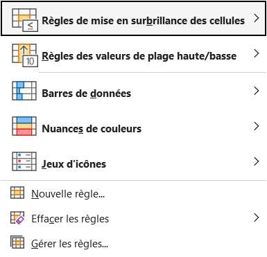 Menu Mise en forme conditionnelle d'Excel déroulé, avec les barres de données, nuances de couleurs et jeux d'icônes