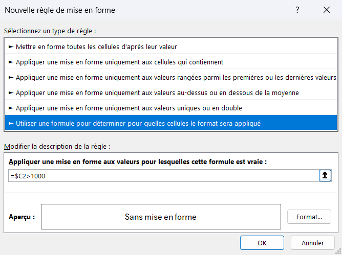 Boîte « Nouvelle règle de mise en forme » d'Excel avec le type « Utiliser une formule pour déterminer pour quelles cellules le format sera appliqué » sélectionné, et une formule saisie dans la zone de condition.