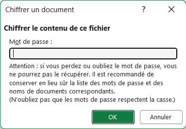 Boîte de dialogue Chiffrer un document d'Excel avec le champ de saisie du mot de passe et l'avertissement sur les mots de passe irrécupérables