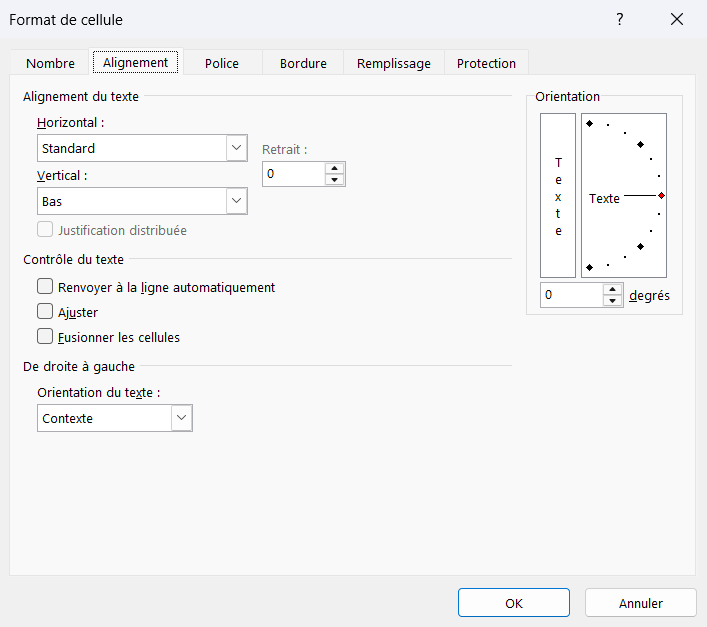Onglet Alignement de la boîte Format de cellule d'Excel, avec les réglages horizontal, vertical et d'orientation