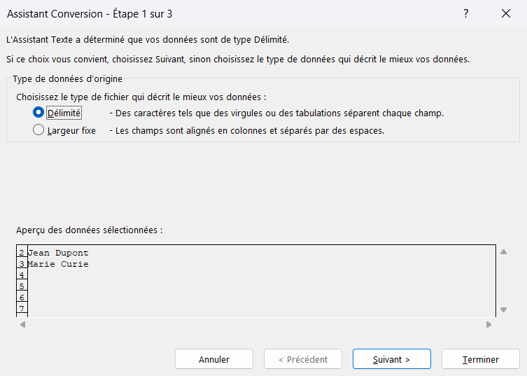 Assistant Convertir d'Excel pour Texte en colonnes, avec le choix du délimiteur et l'aperçu du découpage