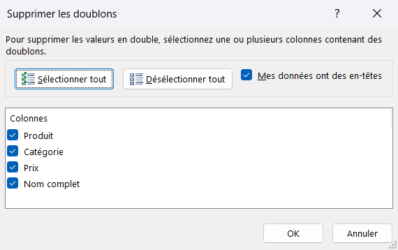 Boîte de dialogue Supprimer les doublons d'Excel avec la liste des colonnes à comparer cochées