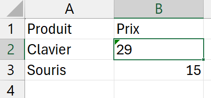 Deux cellules Excel avec la même valeur, l'une alignée à droite reconnue comme nombre, l'autre alignée à gauche stockée comme texte