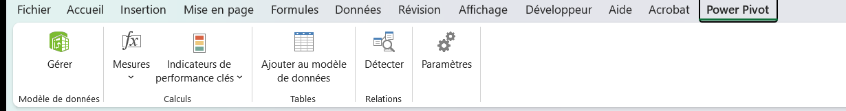 Onglet Power Pivot du ruban Excel, avec les commandes de gestion du modèle de données et la création de mesures