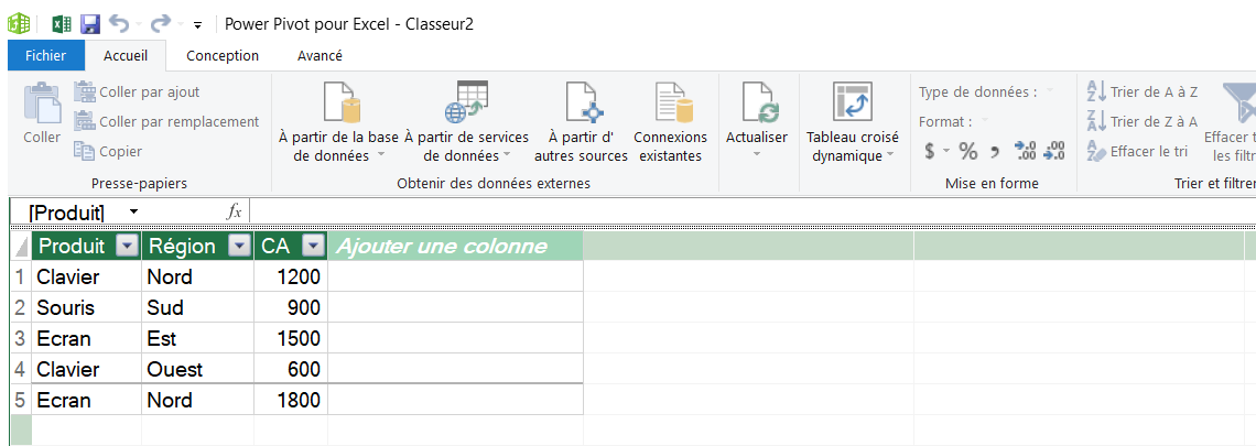 Fenêtre Power Pivot en vue de données montrant une table chargée et une mesure DAX dans la zone de calcul