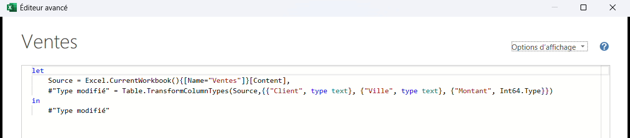 Fenêtre « Éditeur avancé » de Power Query affichant le code M d'une requête : un bloc let qui déclare Source puis « Type modifié », renvoyé par in, avec « Aucune erreur de syntaxe ».