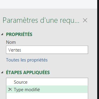 Panneau Étapes appliquées de l'éditeur Power Query, listant la suite des transformations enregistrées dans l'ordre