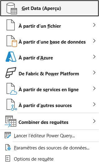 Menu déroulant « Obtenir des données » d'Excel, listant les sources : à partir d'un fichier, d'une base de données, d'Azure, de services en ligne, d'autres sources, plus « Lancer l'éditeur Power Query ».