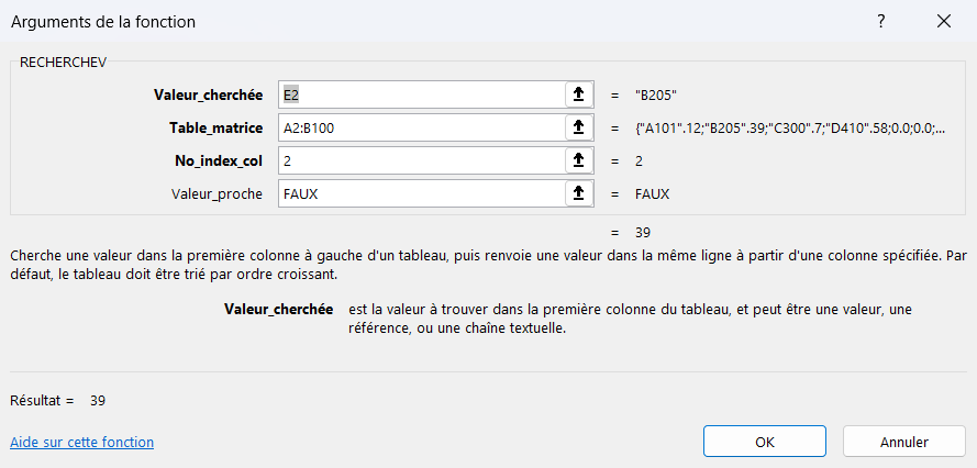 Palette de formules d'Excel pour RECHERCHEV, avec un champ par argument et la description affichée sous la saisie