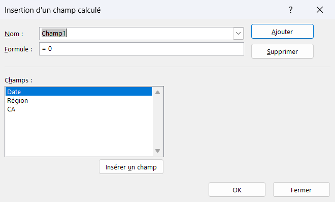 Boîte de dialogue Insertion d'un champ calculé dans un TCD Excel, avec le nom du champ et sa formule