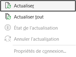 Menu contextuel d'un TCD Excel avec l'option Actualiser mise en évidence