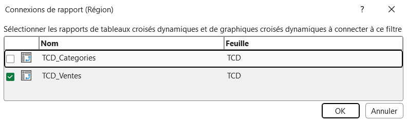 Boîte de dialogue « Connexions de rapport » d'Excel, listant les tableaux croisés dynamiques à connecter au segment, avec une case à cocher par TCD.
