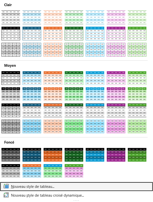 Galerie Mettre sous forme de tableau dans Excel avec les styles Clair, Moyen et Foncé
