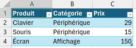 Un tableau structuré Excel avec en-tête bleu, lignes alternées et flèches de filtre sur chaque colonne (Produit, Catégorie, Prix).