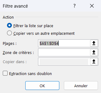 Boîte de dialogue Filtre avancé d'Excel avec la plage source, la zone de critères et l'emplacement de copie