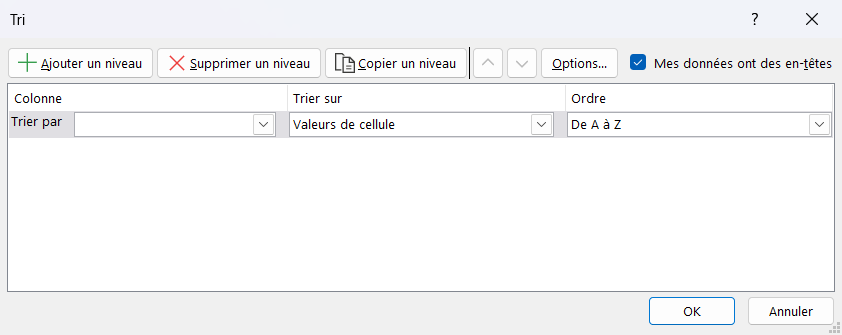 Boîte de dialogue Trier d'Excel avec plusieurs niveaux de tri par colonne et par ordre