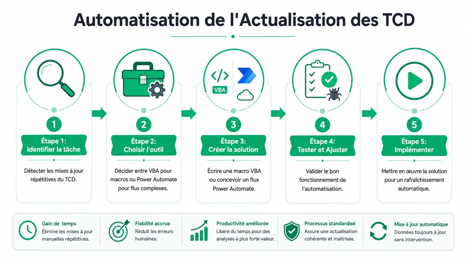 Infographie détaillant les cinq étapes pour automatiser la mise à jour de vos tableaux croisés dynamiques.