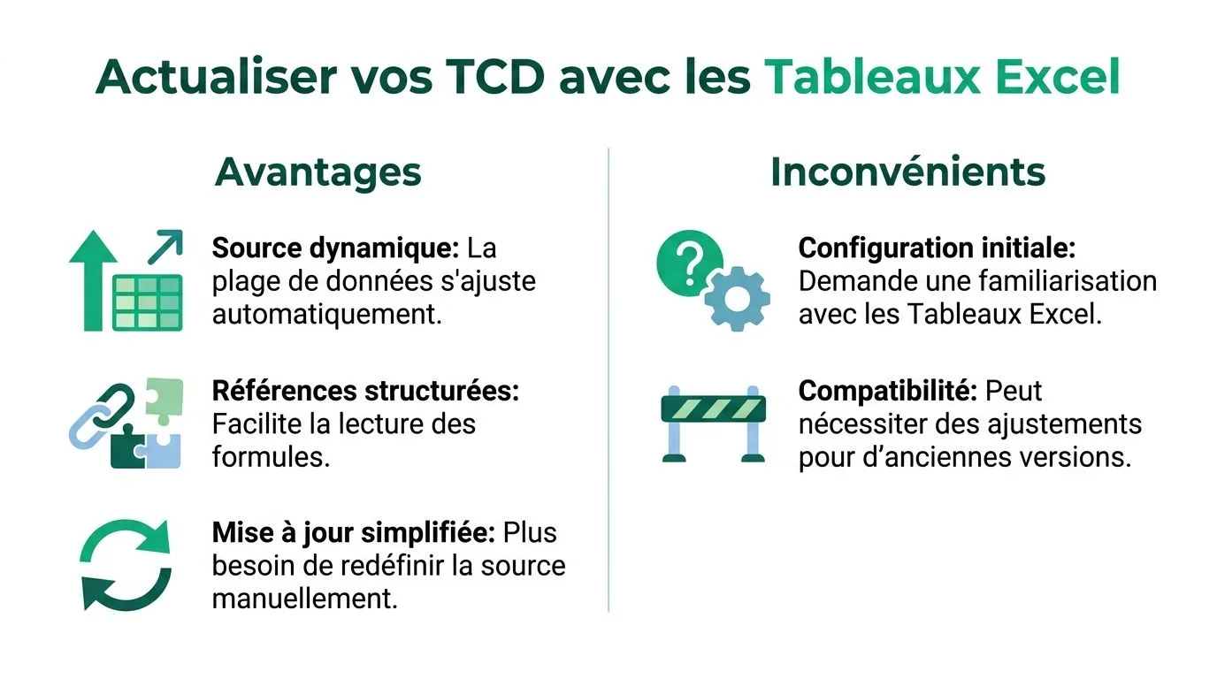 Infographie comparant les avantages et les inconvénients de l'utilisation des tableaux Excel pour actualiser les TCD.