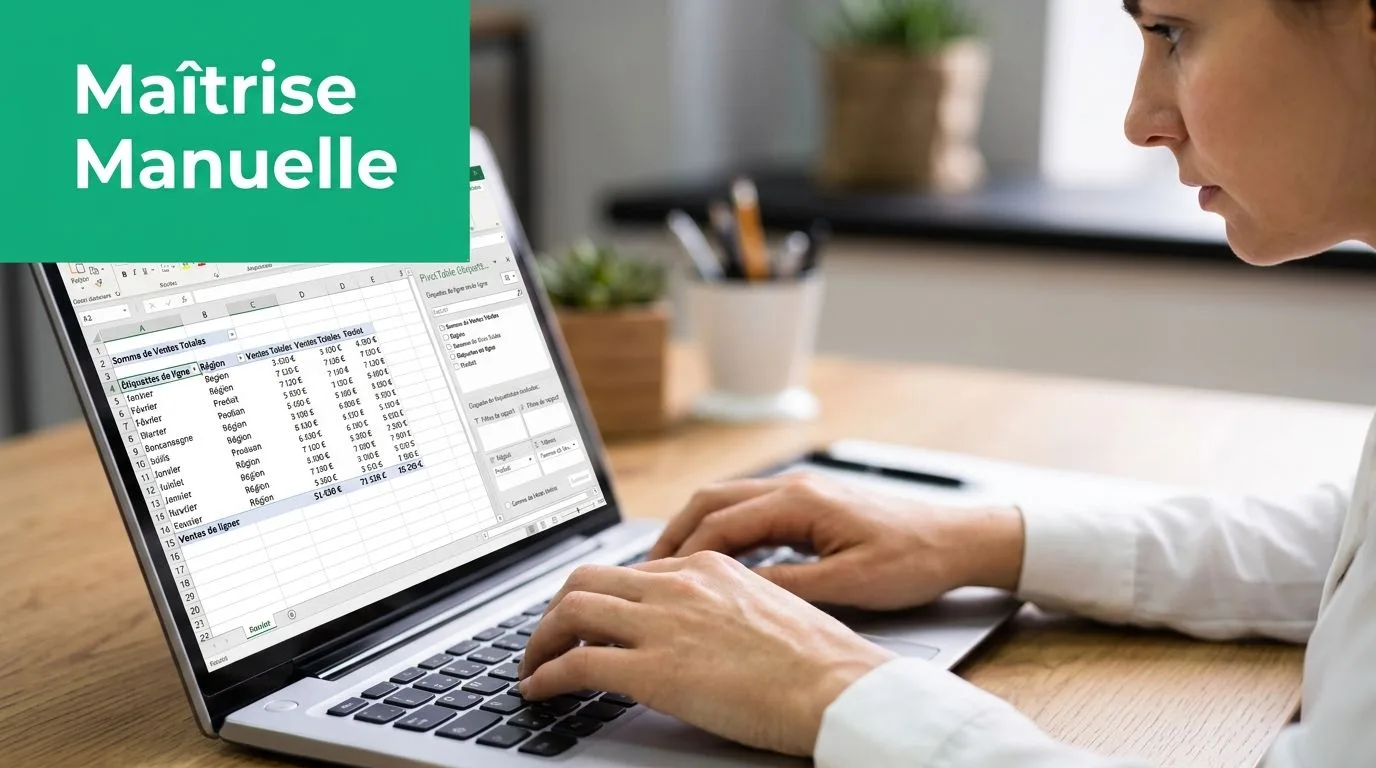 Une femme travaillant sur un ordinateur portable affichant un tableau croisé dynamique Excel dans un bureau.