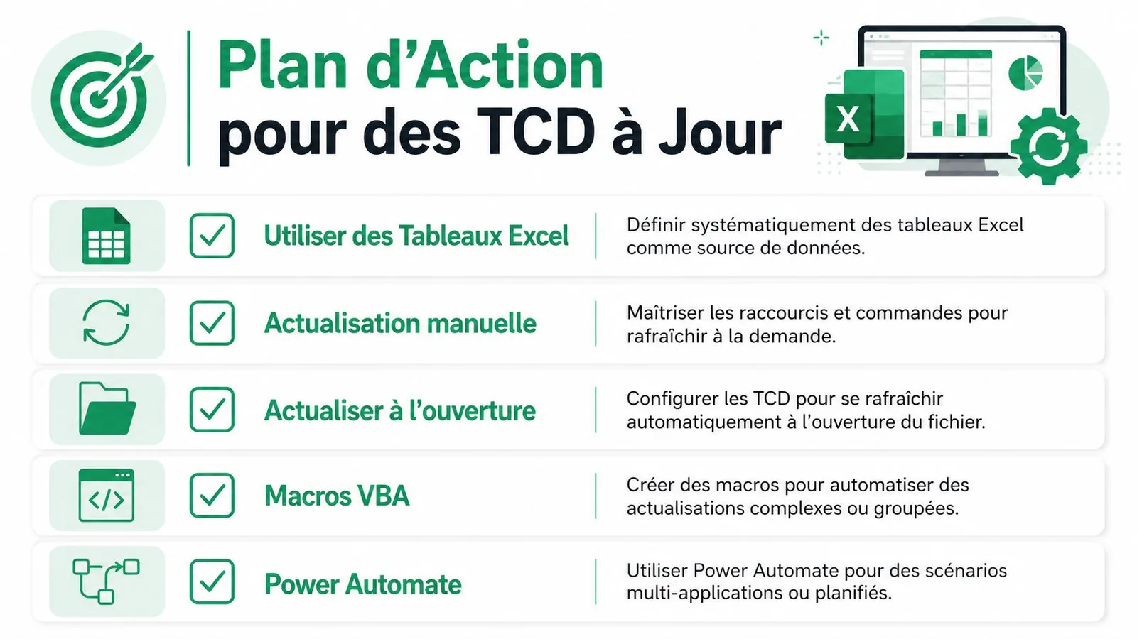 Plan d'action illustré pour actualiser efficacement vos tableaux croisés dynamiques dans Microsoft Excel via différentes méthodes automatisées.