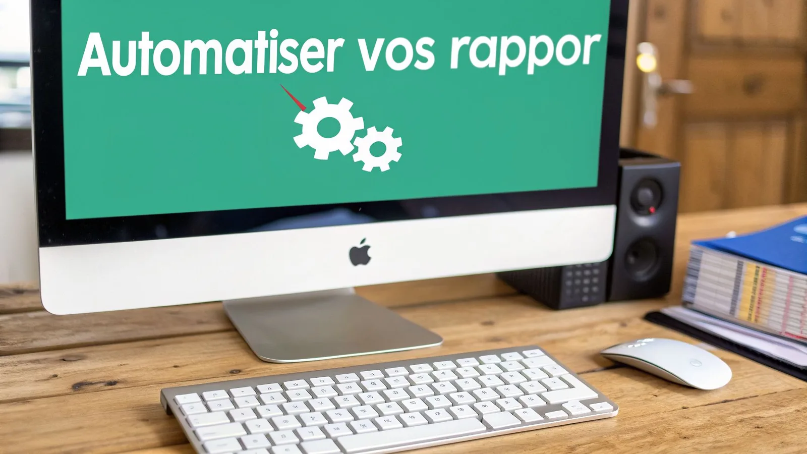 Ordinateur iMac affichant le texte "Automatiser vos rappor" et des icônes d'engrenages sur un bureau en bois.