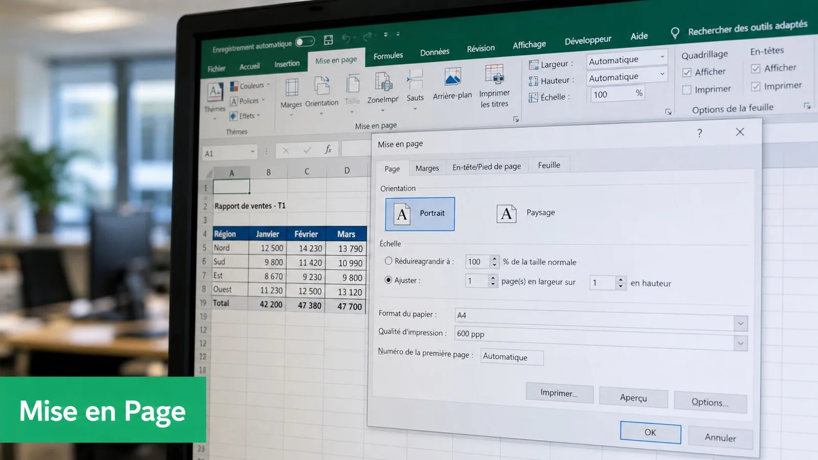 Capture d'écran de l'interface Microsoft Excel montrant la fenêtre de dialogue Mise en page ouverte.