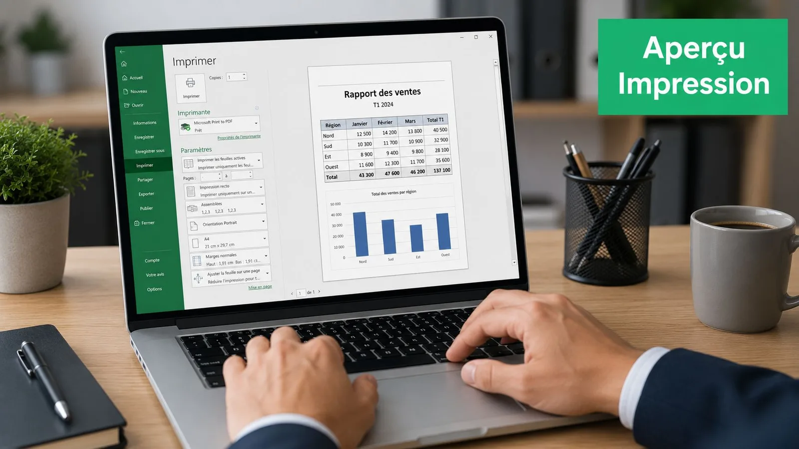 Une vue rapprochée d'un ordinateur portable affichant une fenêtre d'aperçu avant impression dans Microsoft Excel.