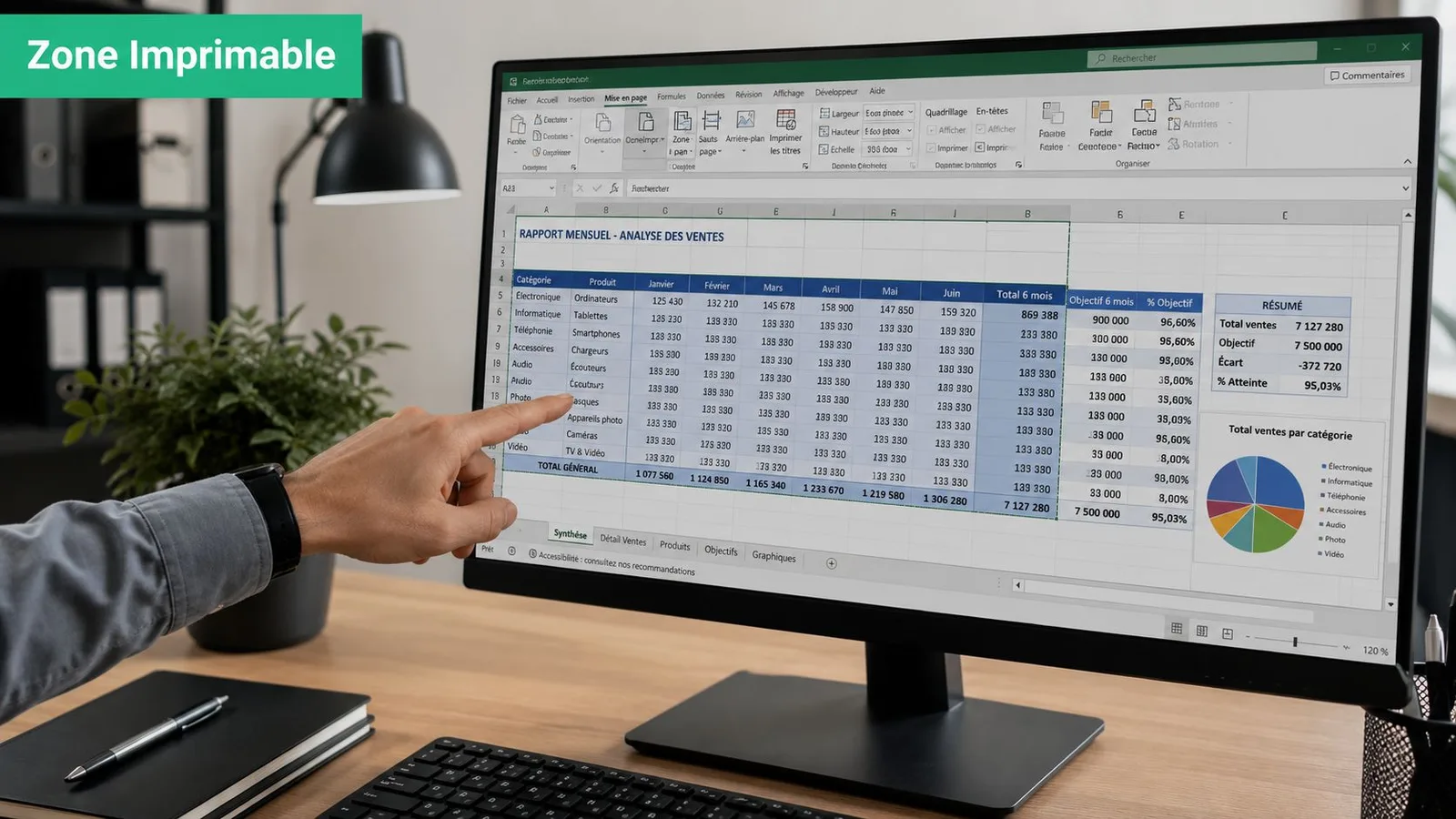 Une personne pointe du doigt un tableau de bord Excel sur écran d'ordinateur concernant les ventes mensuelles.