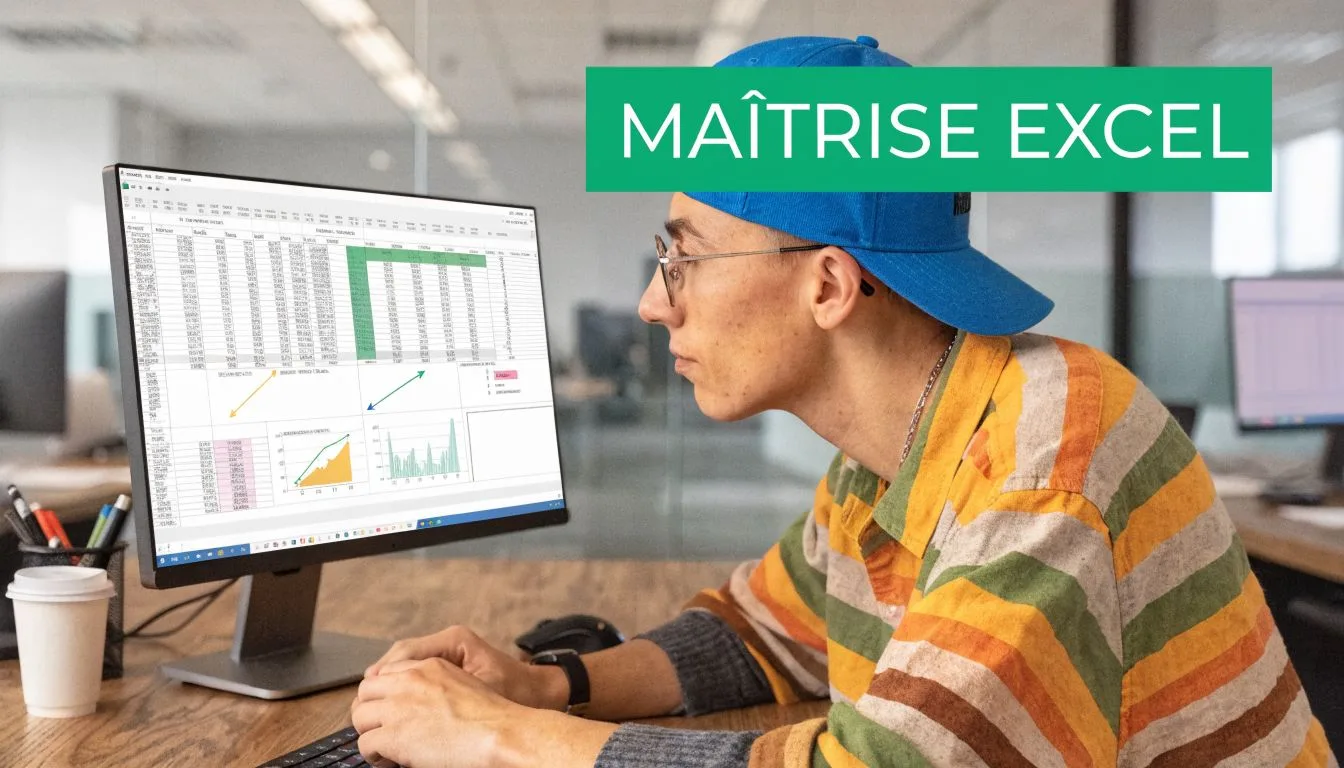Un jeune homme portant une casquette bleue travaille sur un tableur Excel avancé devant son écran d'ordinateur.