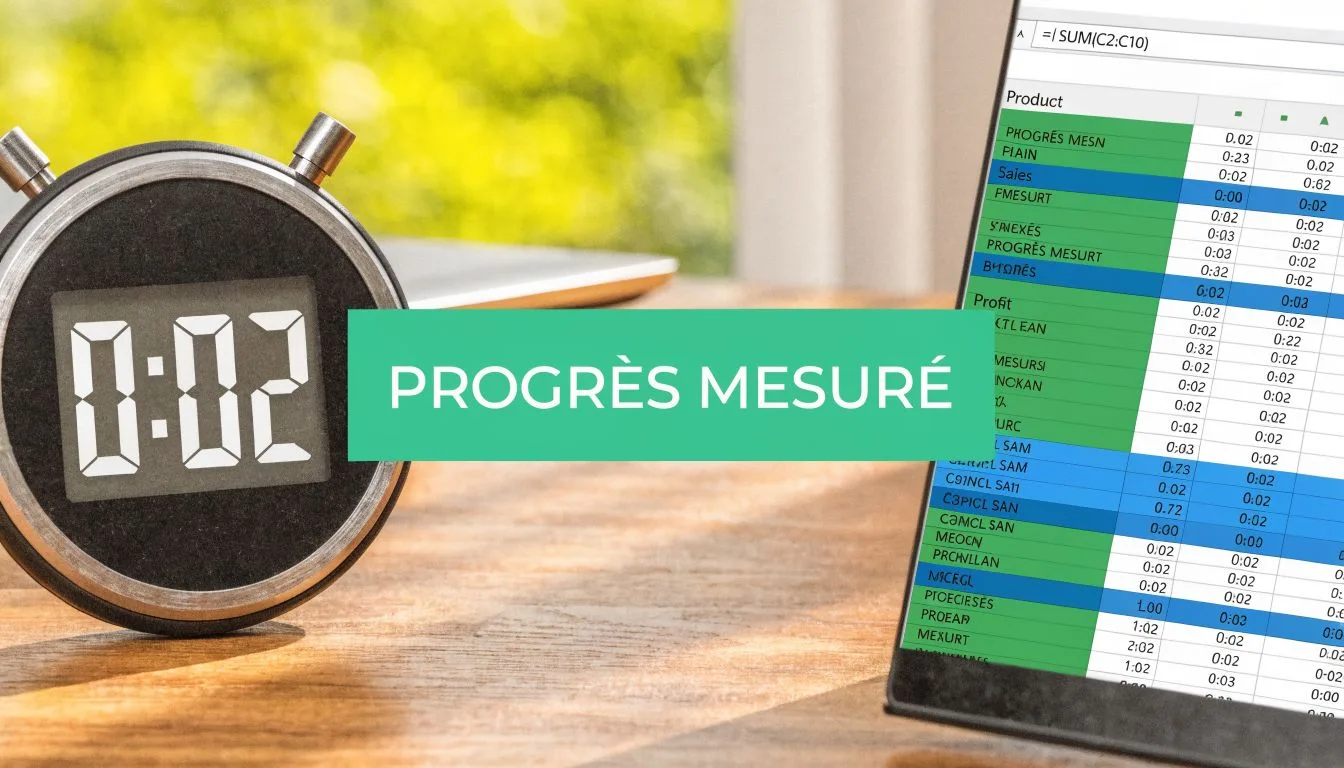 Un chronomètre affichant 0:02 à côté d'un écran d'ordinateur présentant un tableau Excel complexe rempli de données.